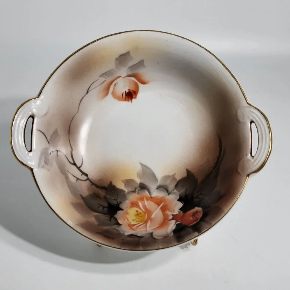 Nippon Hand Painted Vintage Porcelain Bowl Peach Floral Design with Gold Accents